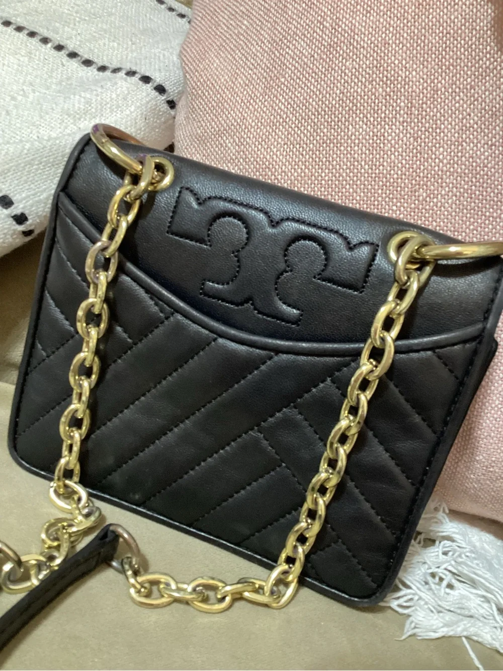 Tory Burch Alexa Mini Black Quilted Leather Crossbody with Gold Chain Strap